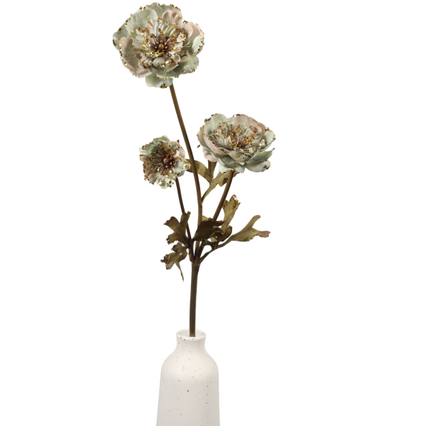 Artificial Peony Flower Stem – Vintage Green with Glitter Accent